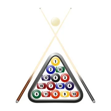 Billiard and Pool Balls in Triangle Rack with White Cue Ball and Two Pool Cues Stock Illustration
