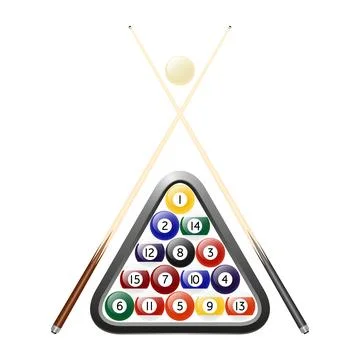 Billiard and Pool Balls in Triangle Rack with White Cue Ball and Two Pool Cues Stock Illustration