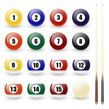 Billiard and Pool Balls Vector Set with Numbers One to Fifteen, White Cue Ball Stock Illustration
