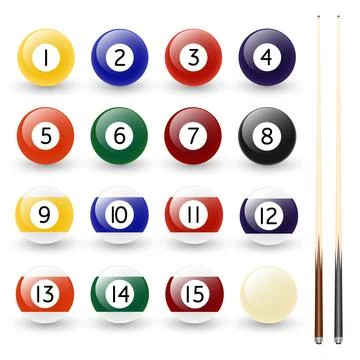 Billiard and Pool Balls Vector Set with Numbers One to Fifteen, White Cue Ball Stock Illustration