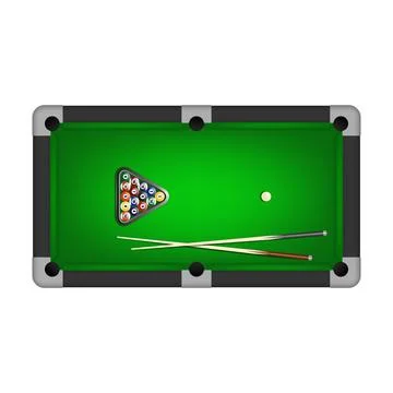 Billiard and Pool Table Top View with Triangle Rack of Balls, White Cue Ball and Illustrazione stock