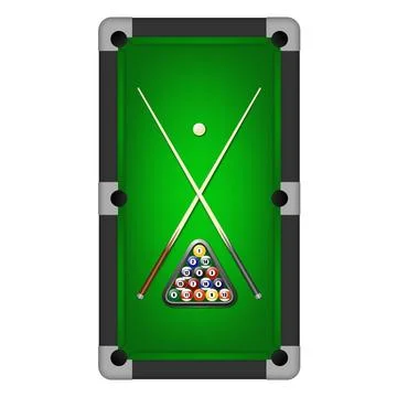 Billiard and Pool Table Top View with Triangle Rack of Balls, White Cue Ball and Stock Illustration