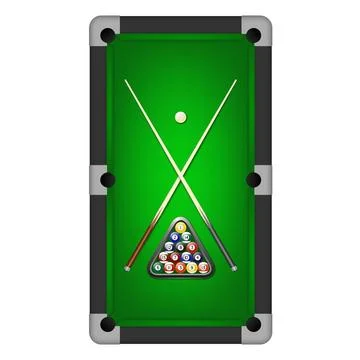 Billiard and Pool Table Top View with Triangle Rack of Balls, White Cue Ball and Illustrazione stock