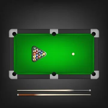 Billiard and Pool Table Top View with Triangle Rack of Balls, White Cue Ball and Illustrazione stock