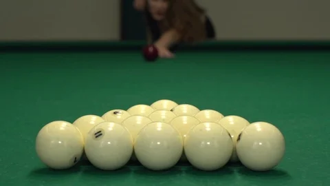Billiard ball triangle during the break shot Stock-Footage 74596783