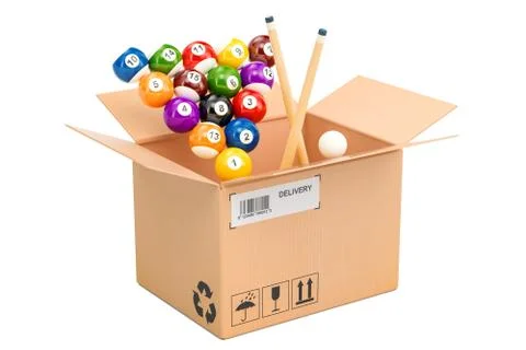 Billiard balls with cue inside parcel. 3D rendering Illustrazione stock