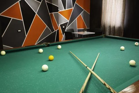 Billiard Balls On Green Pool Table Stock Photos
