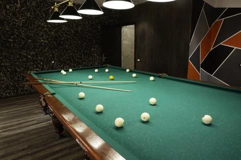 Billiard Balls On Green Pool Table Stock Photos