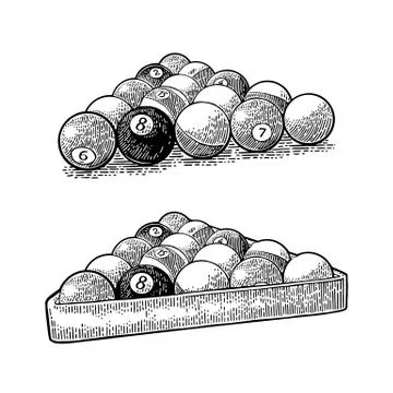 Billiard balls with number in triangle with shadow. Vintage engraving Stock Illustration