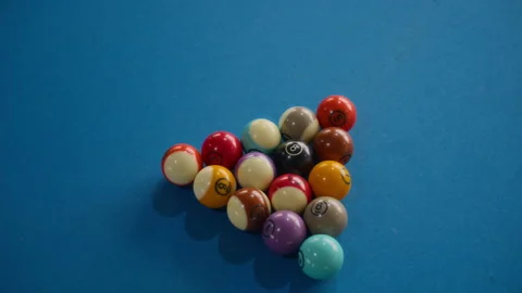 Billiard Balls Racked on Blue Pool Table Close Up Stock Footage 332764148