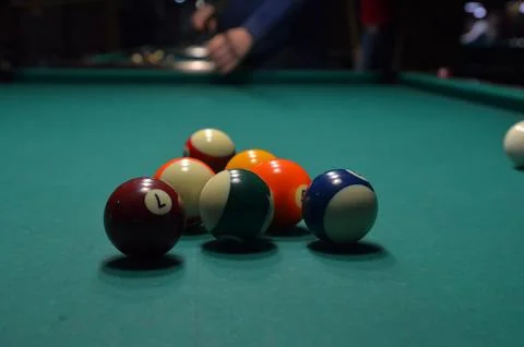 Billiard balls racked on pool table 스톡 사진