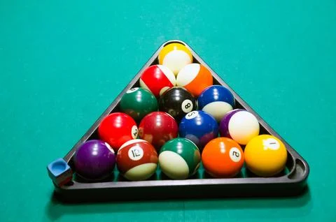 Billiard balls racked on pool table Stock Photos