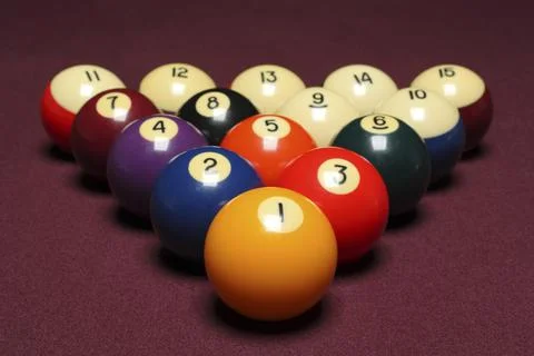 Billiard balls setup ready to break on marroon table Stock Photos