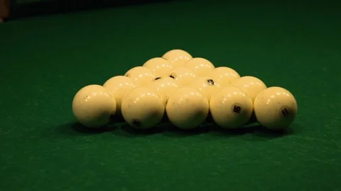 Billiard Balls Stacked in a Pyramid, Fly away from Hitting the Cue Stock Footage 71498120