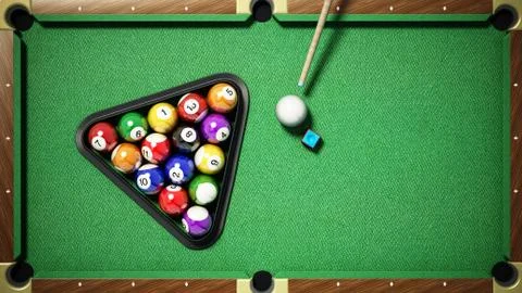Billiard balls, triangle, chalk and cue on pool table. 3D illustration Illustrazione stock