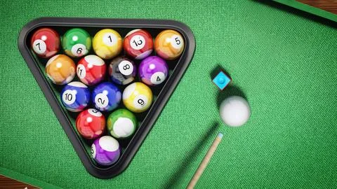 Billiard balls, triangle, chalk and cue on pool table. 3D illustration Stock Illustration