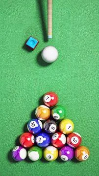 Billiard balls, triangle, chalk and cue on pool table. 3D illustration Illustrazione stock