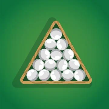 Billiard balls in triangle on green pool table top view. White pool balls in Illustrazione stock