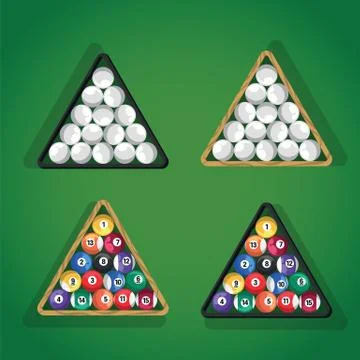 Billiard balls in triangle on green pool table top view. White and colorful pool Illustrazione stock