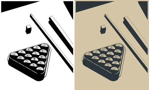 Billiard balls in triangle rack cues and chalk close-up Stock Illustration