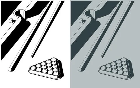 Billiard balls in triangle rack, cues and chalk close-up Stock Illustration
