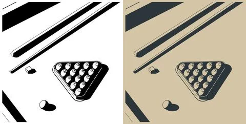 Billiard balls in triangle rack, cues and chalk close up Stock Illustration