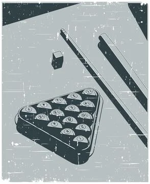 Billiard balls in triangle rack cues and chalk close-up retro poster Stock Illustration