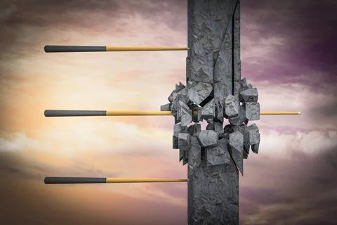Billiard cue goes through wall at sunset day demonstrating competitive advant Stock Illustration