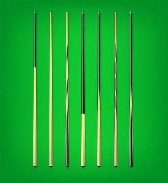 Billiard cues on green background. Snooker sports equipment. Vintage pool cue Stock Illustration