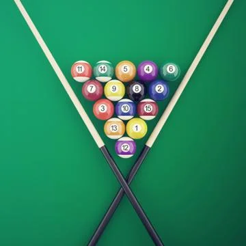 Billiard elements on a green table. 3d illustration Stock Illustration