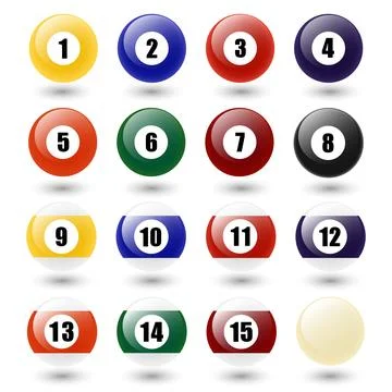 Billiard Pool Balls Vector Set with Numbers One to Fifteen and White Cue Ball Stock Illustration