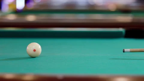 Billiard pool table shows black 8 ball arranged for game play, is hitting by Stock Footage 333266372