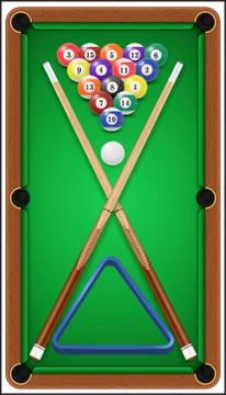 Billiard set. Billard balls, cue and billiard triangle in a pool table. Vector Stock Illustration