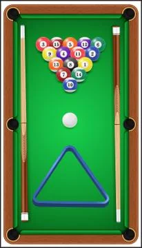 Billiard set. Billard balls, cue and billiard triangle in a pool table. Vector Stock Illustration