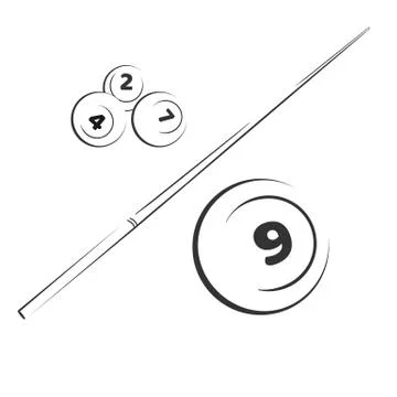 Billiard snooker elements balls with numbers and sticks. Black and white vect Illustrazione stock