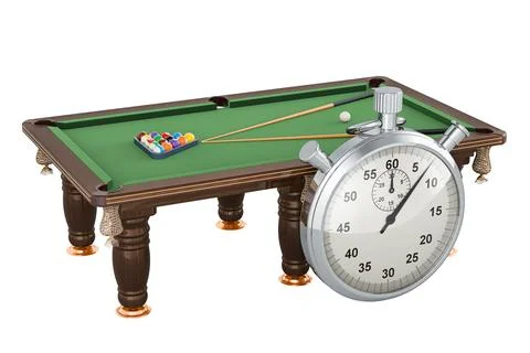 Billiard table with balls and cue with stopwatch, 3D rendering イラスト素材