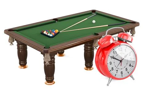 Billiard table with balls and cue with alarm clock, 3D rendering Illustrazione stock