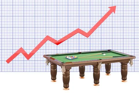 Billiard table with balls and cue with growing chart, 3D rendering イラスト素材