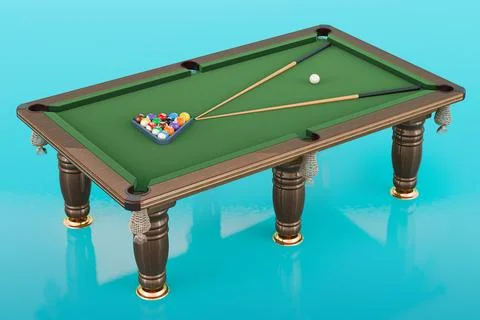 Billiard table with balls and cue on blue background, 3D rendering Stock Illustration