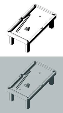 Billiard table with balls in triangle and cues on it Illustrazione stock