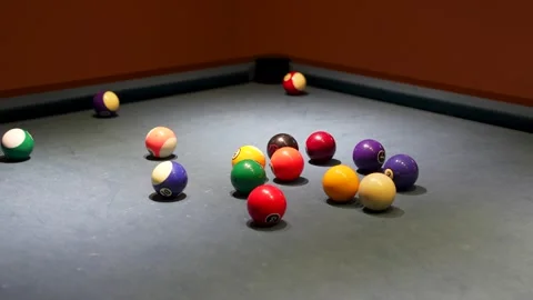 Billiard table break shot scattering colorful pool balls close up. Stock Footage 340036188