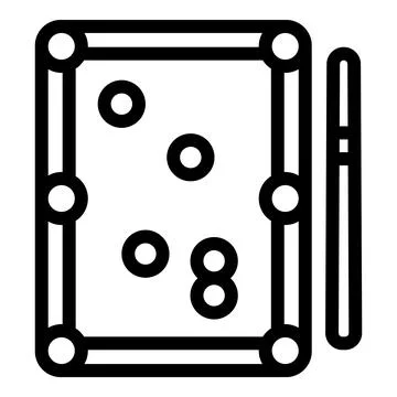 Billiard table with cue and balls showing number eight, a simple line icon .. Stock Illustration