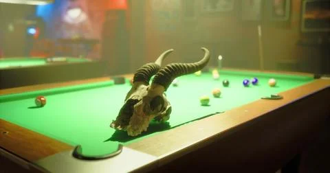 Billiard table with a decorative skull in a dimly lit bar setting Stock Illustration