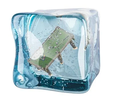 Billiard table frozen in ice cube, 3D rendering Illustrazione stock