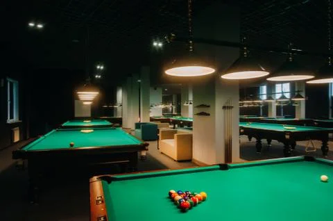 Billiard table with green surface and balls in the billiard club.Pool Game 写真素材