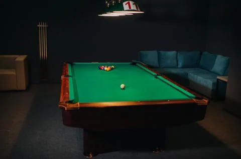 Billiard table with green surface and balls in the billiard club.Pool Game 写真素材