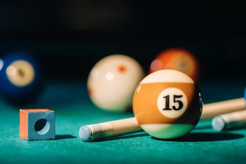 Billiard table with green surface and balls in the billiard club.Pool Game 스톡 사진
