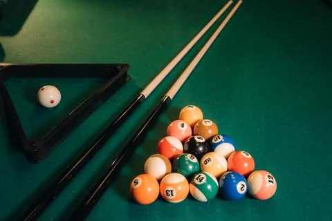 Billiard table with green surface and balls in the billiard club.Pool Game 写真素材