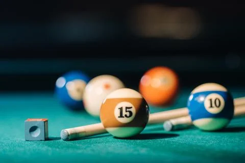 Billiard table with green surface and balls in the billiard club.Pool Game Stock Photos