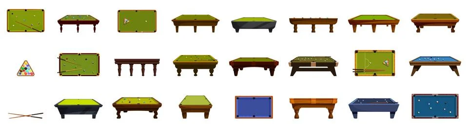 Billiard table icons set. Set of billiard tables showing various game stages  Stock Illustration